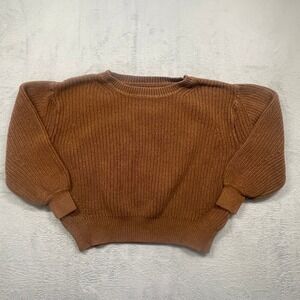 GAP Sweater Women Size M Brown Ribbed Knit Puff Sleeve Cotton Cropped Crew Neck